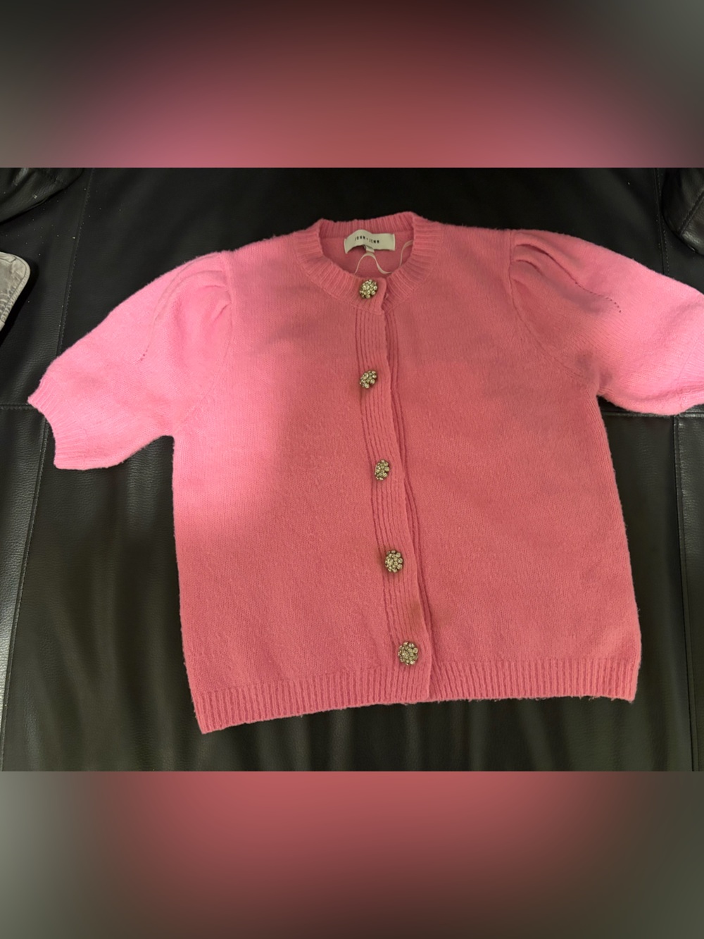 John + Jenn Coral Pink Short-Sleeve Knit Cardigan with Jeweled Buttons